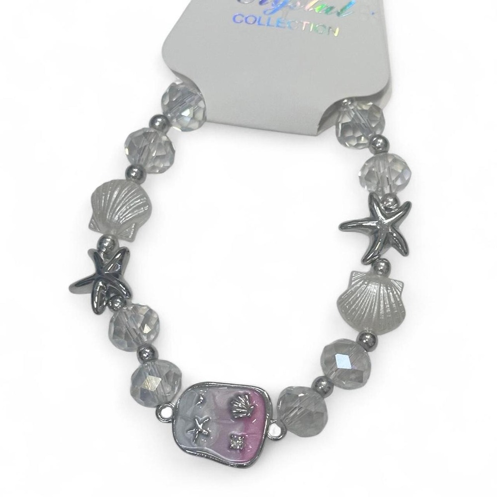 NWT Beachy Bracelet Silver Starfish Pearled Shells Clear Crystal Silver Beads